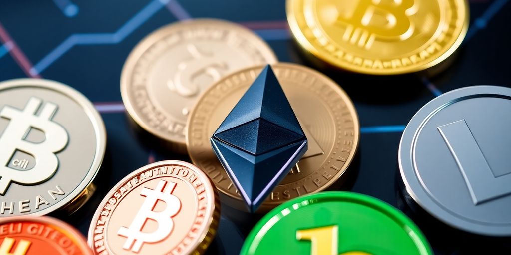 Colorful digital currency logos on a dark background.