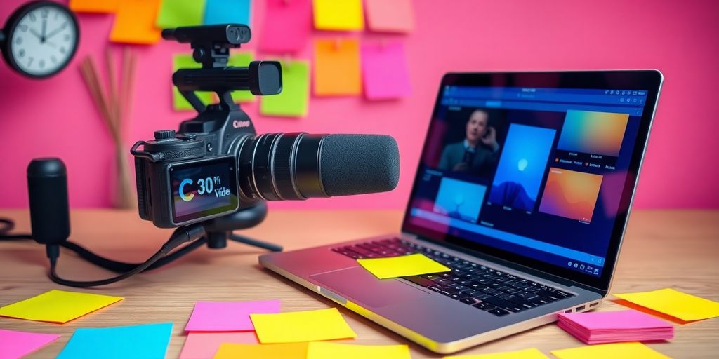 Creative workspace with camera, microphone, and laptop.