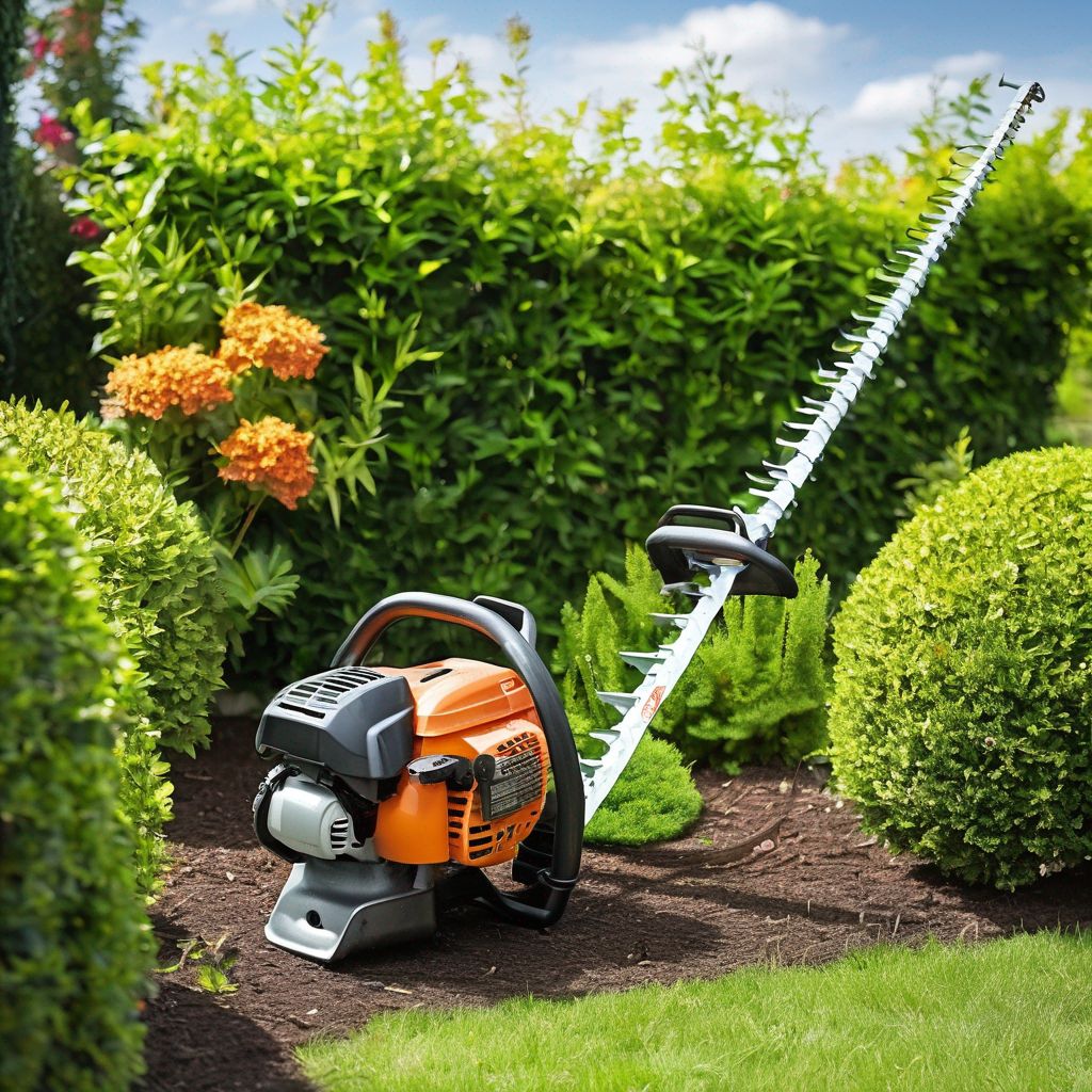 petrol hedge trimmer in a garden