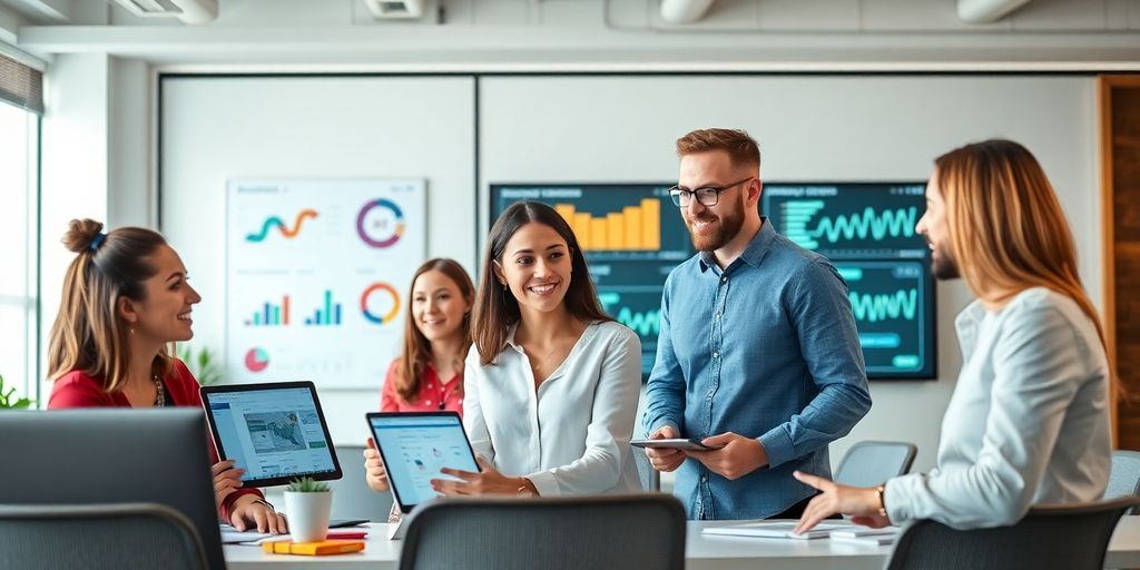 Profissionais de marketing digital em ambiente moderno.