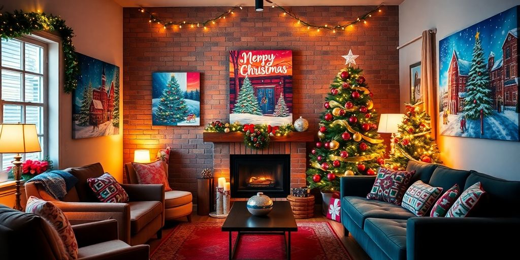 Cozy living room with vibrant Christmas canvas art.