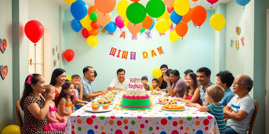 Colourful birthday party decorations and joyful guests celebrating.