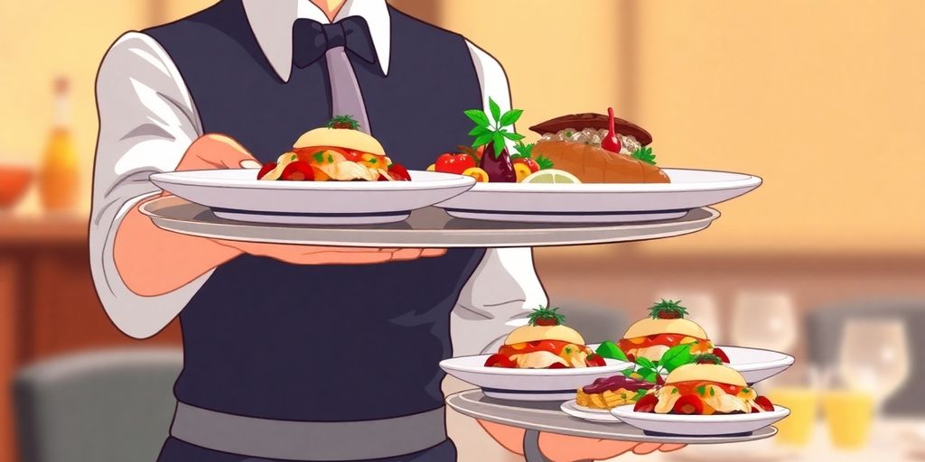Server presenting food on a tray.
