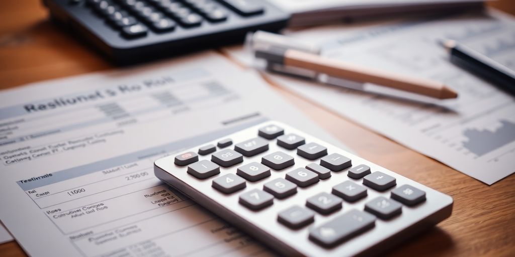 Calculator and financial documents on a wooden desk.