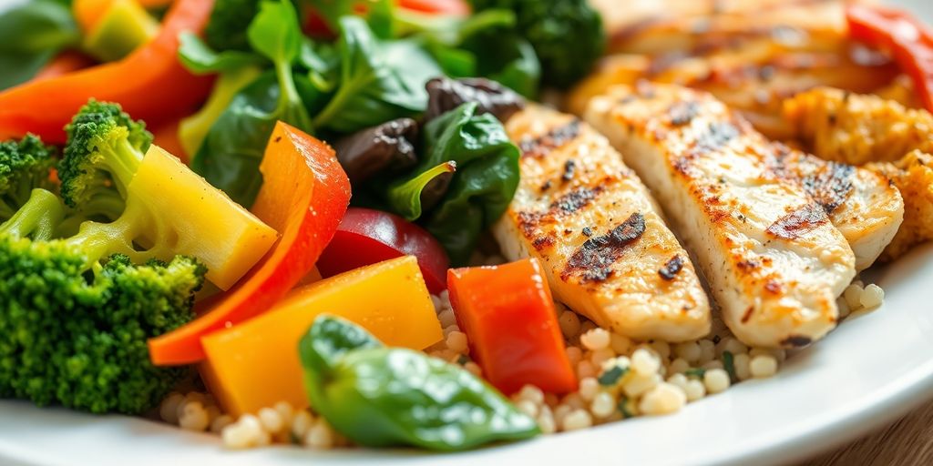 Nutrient-rich meal with chicken, vegetables.