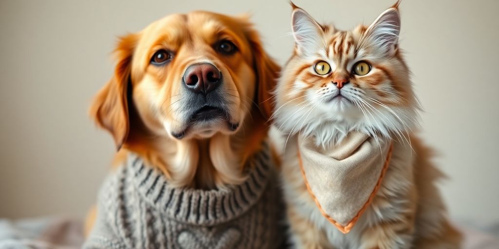 A dog and cat wearing stylish outfits.