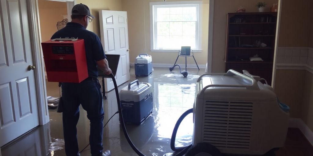 Technician using equipment for water damage restoration.