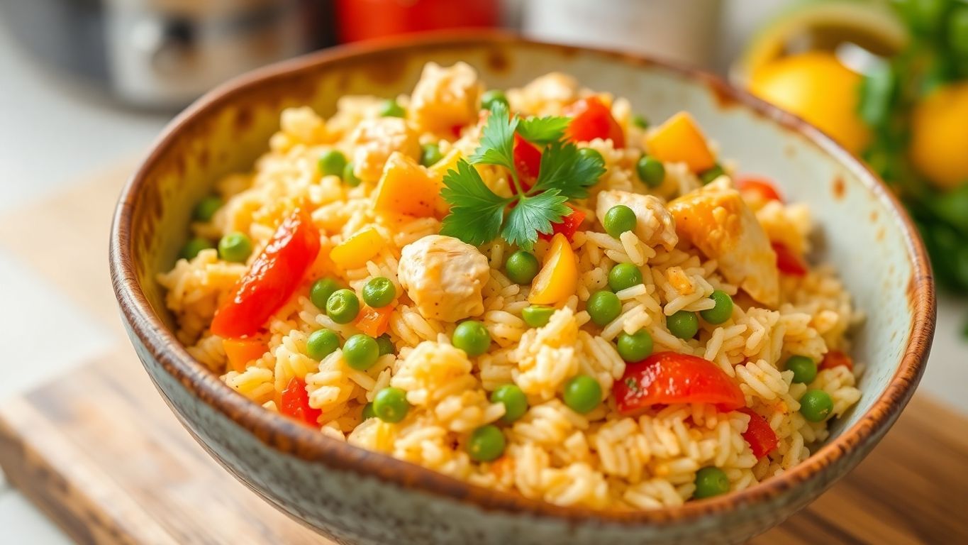 Prato de arroz fricassê com frango e legumes.