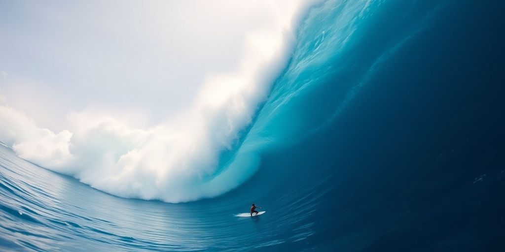 Surfer on a colossal wave, Jaws, Hawaii.