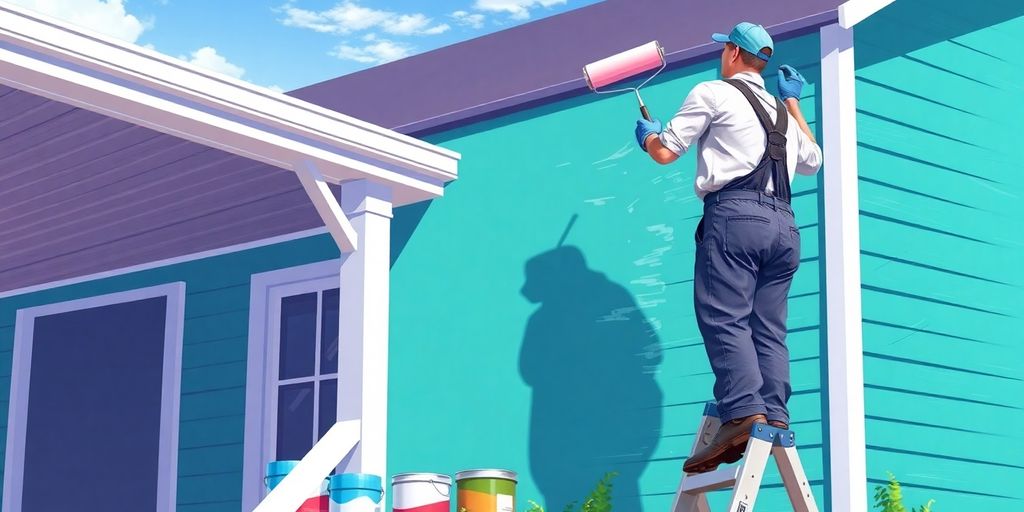 Painter on ladder applying teal paint to a house exterior.