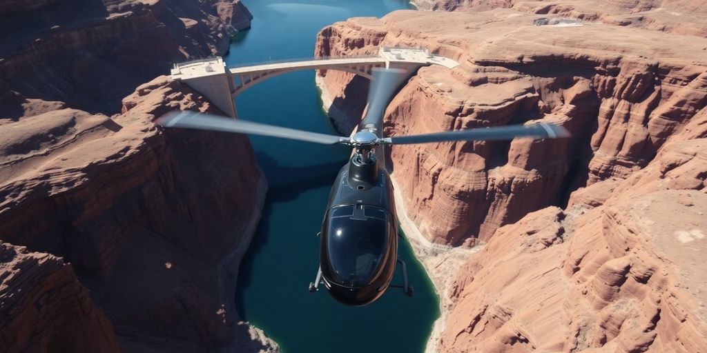 A helicopter flies over the massive Hoover Dam and Lake Mead.