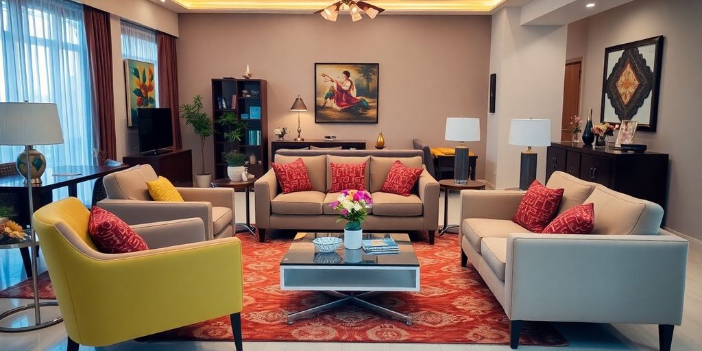 أثاث مستعمل أنيق في غرفة معيشة حديثة.