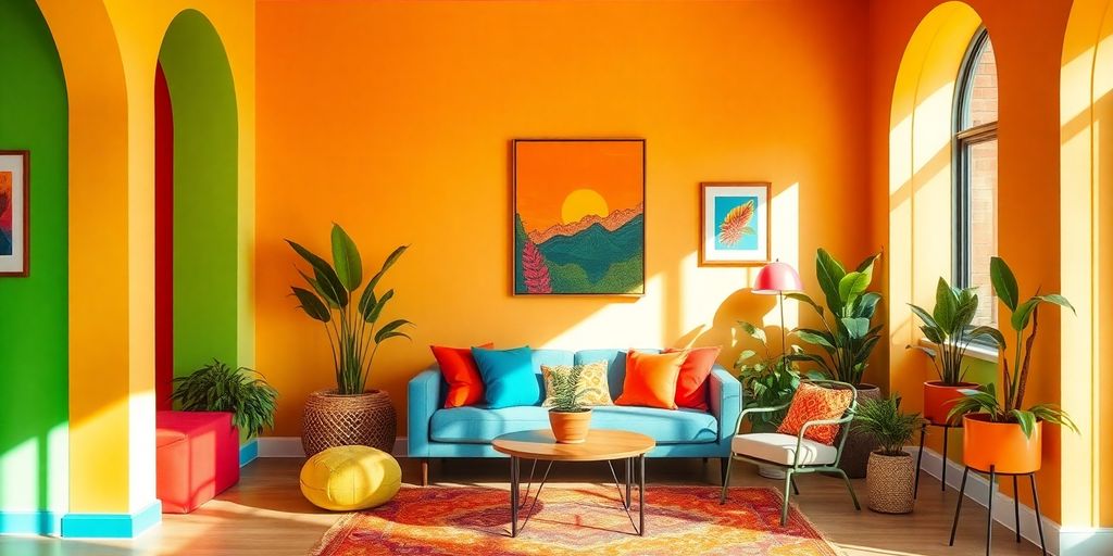 Vibrant room with colorful accents and decor elements.