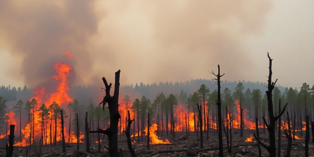 Forêt en flammes, fumée épaisse montant dans le ciel.