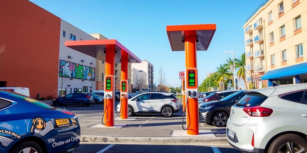 Commercial electric vehicle charging station with multiple charge points.
