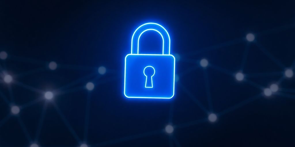 Digital lock icon over network connections.