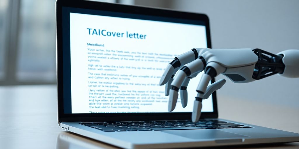Robot writing a cover letter on a laptop.