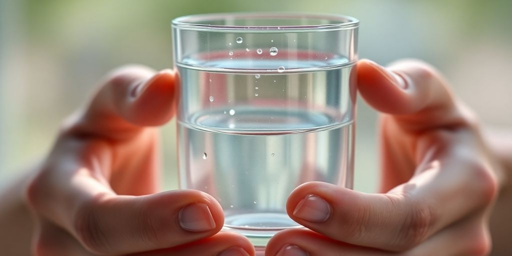Water glass, hands, healthy, clear liquid.
