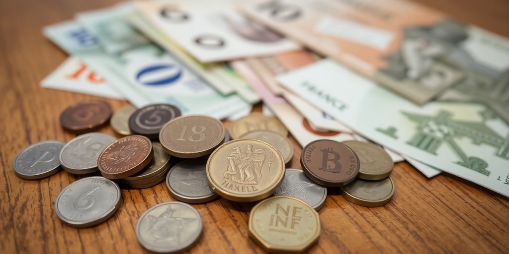 Différents billets et pièces de monnaie en France.