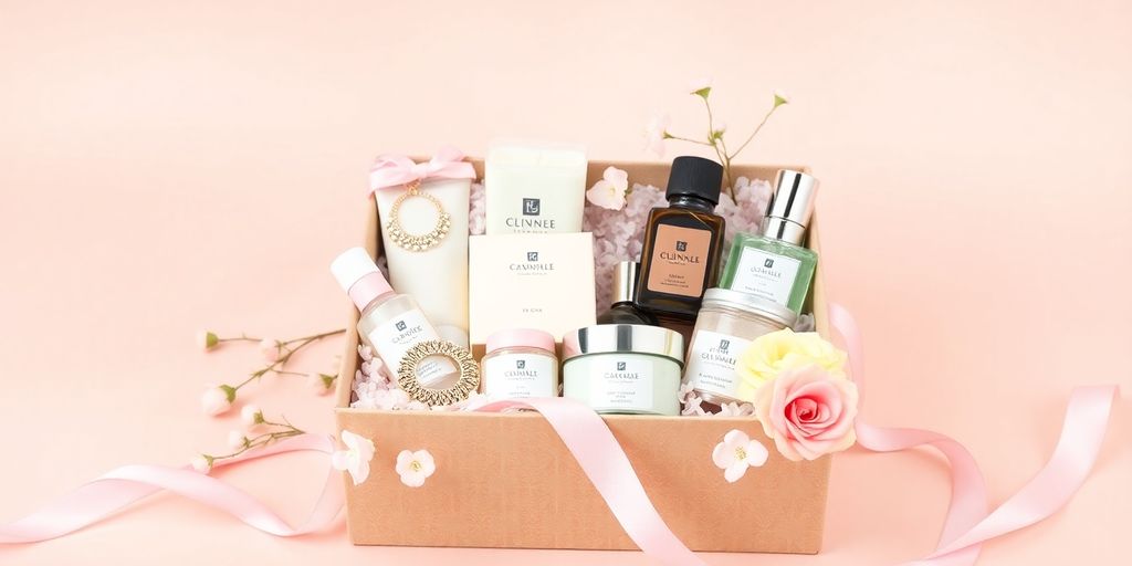 Gift box with jewelry and skincare products for her.