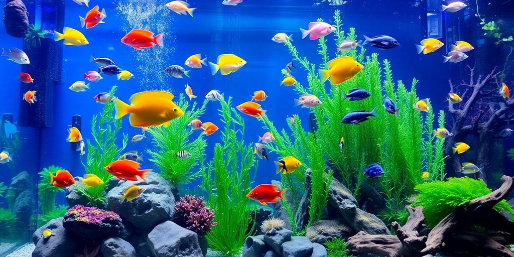 Colorful exotic fish swimming in a lush aquarium.