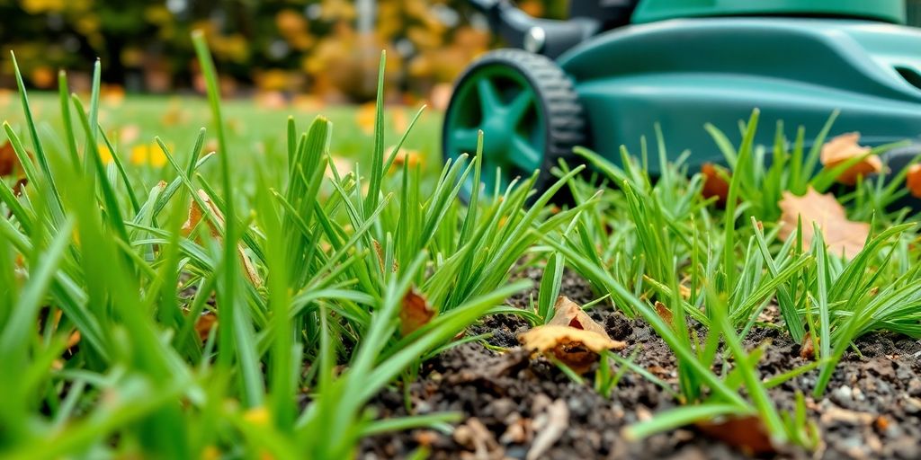 Freshly cut grass with autumn leaves in the background.