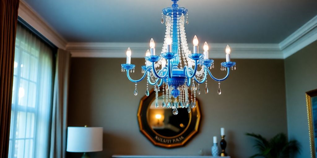 Elegant blue chandelier illuminating a modern interior space.