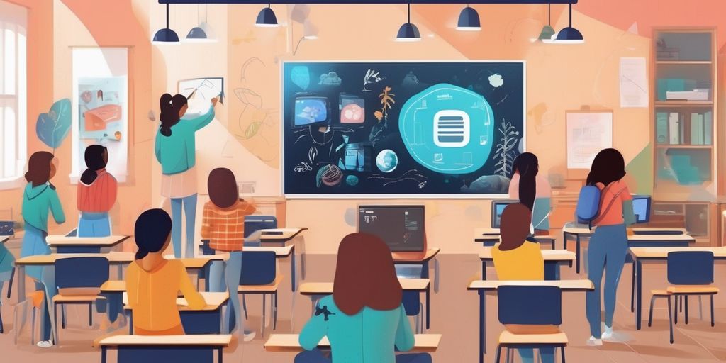 classroom with digital devices displaying Canva designs, students engaging in e-learning