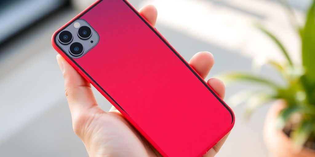 Red iPhone 15 Pro case on a phone in hand.