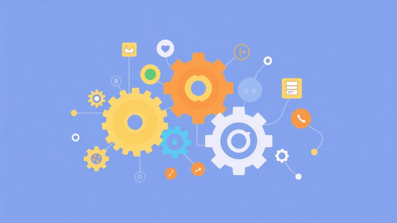 Illustrasjon av verktøy og tannhjul i samarbeid.