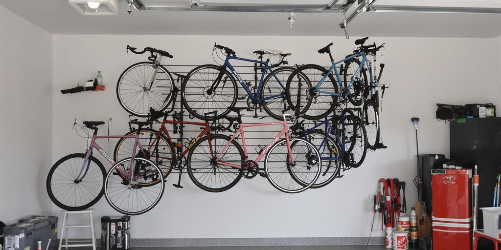 Colorful bikes neatly stored on a stylish wall rack.