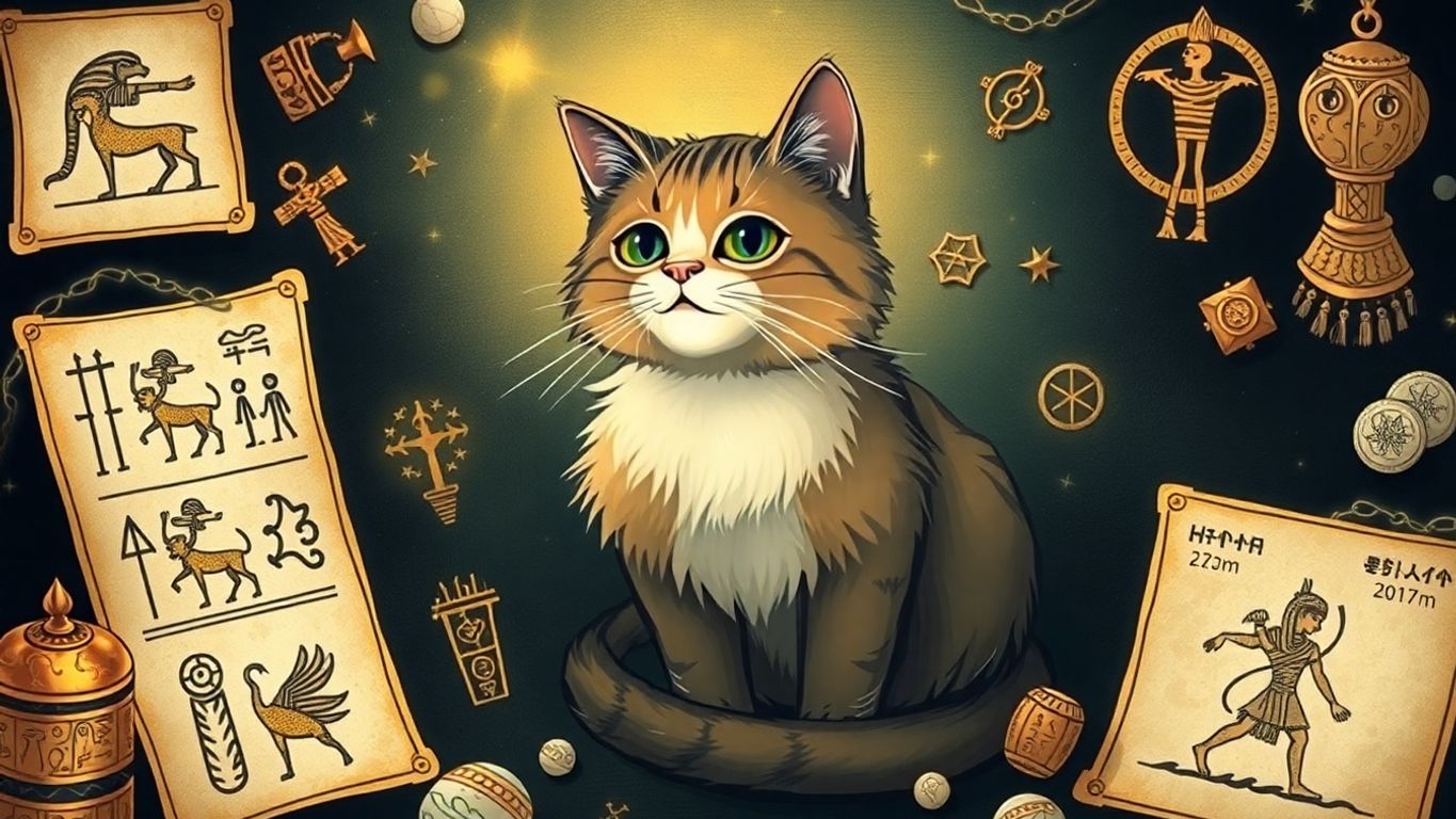 Gato com símbolos mitológicos e culturais ao redor.