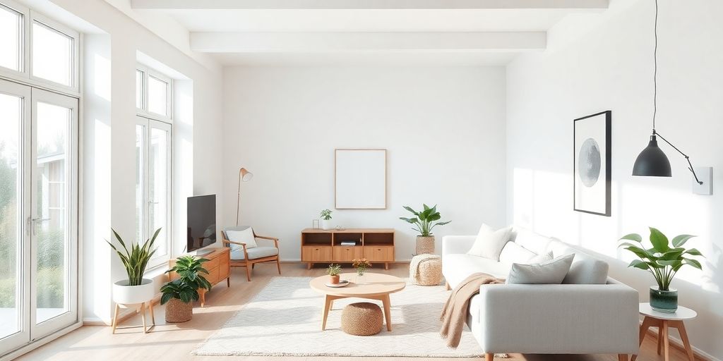 Bright Scandinavian living room with natural lighting and decor.