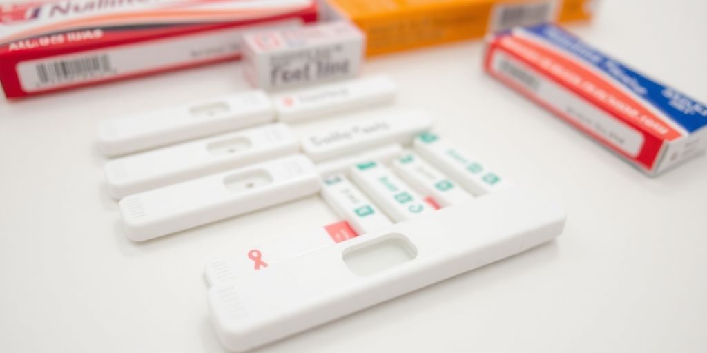 Photograph of assorted diabetic test strips on a white background.