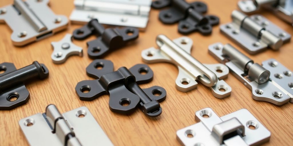 Different styles of cabinet hinges on a wooden background.
