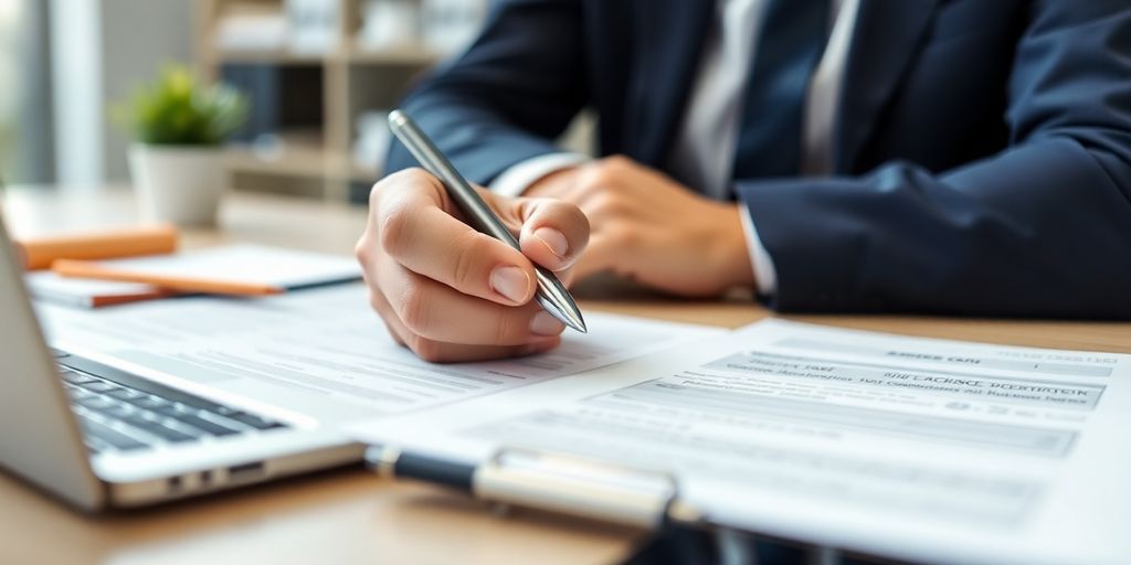 Business professional reviewing documents in an office.