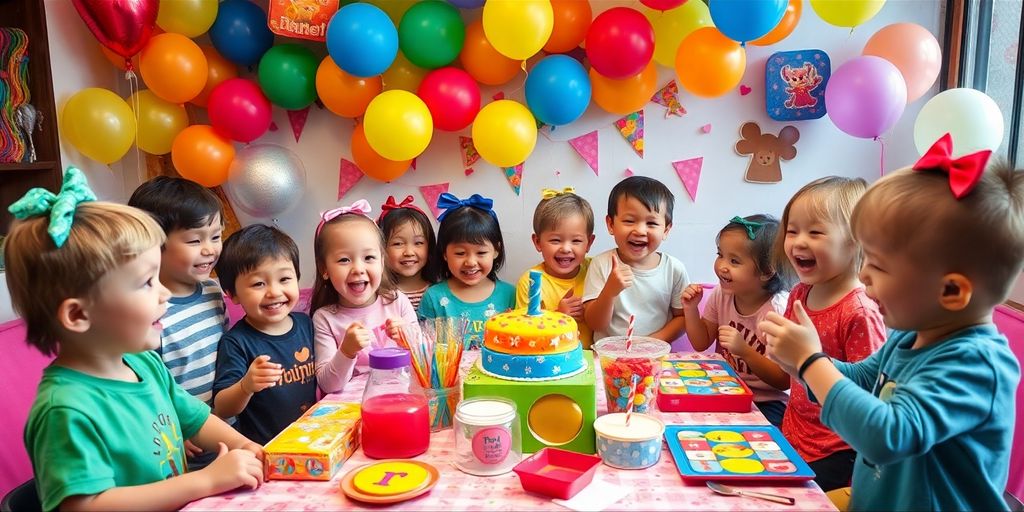 Children celebrating with balloons and colourful decorations.