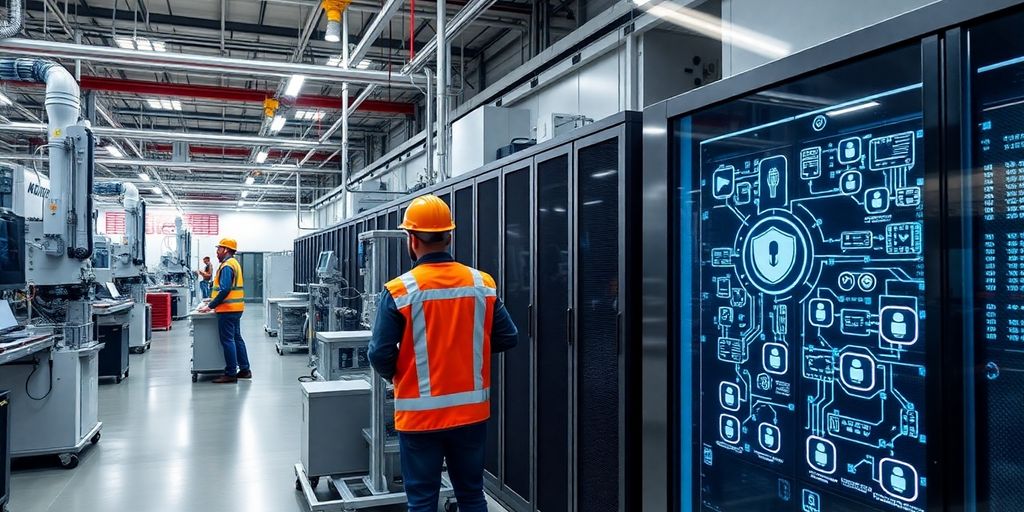 Manufacturing workers and machinery in a secure environment.