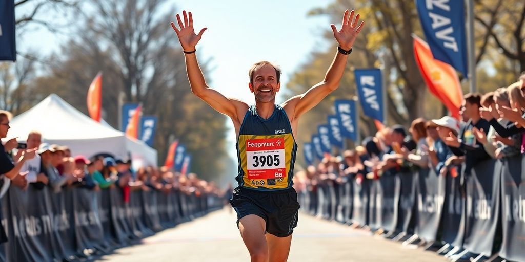 Runner celebrating victory after finishing a half marathon.