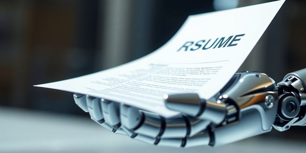 Robotic hand holding a professional resume.