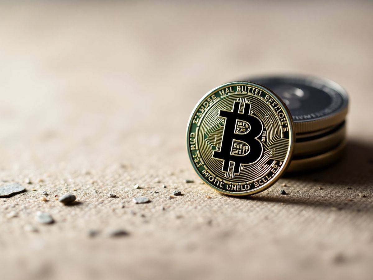 Photograph of a Bitcoin coin on a textured surface.