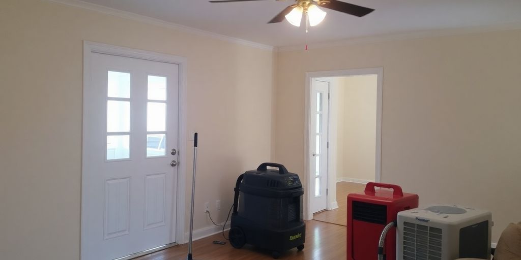 A home undergoing water damage cleanup with visible tools.