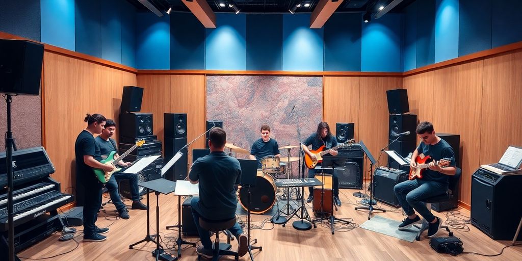 Berklee music studios with students collaborating on music.