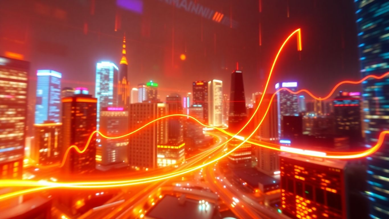 Vibrant digital cityscape with flowing light lines suggesting market growth.