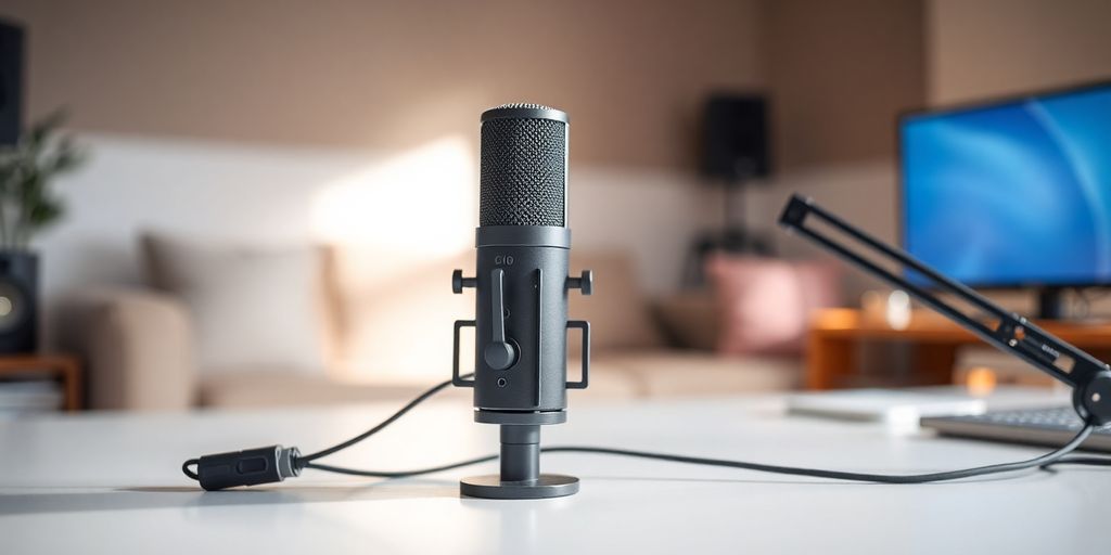 Micrófono de podcast sobre un escritorio organizado.