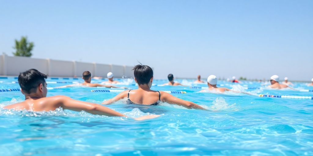 Aussies swimming laps in an outdoor pool.