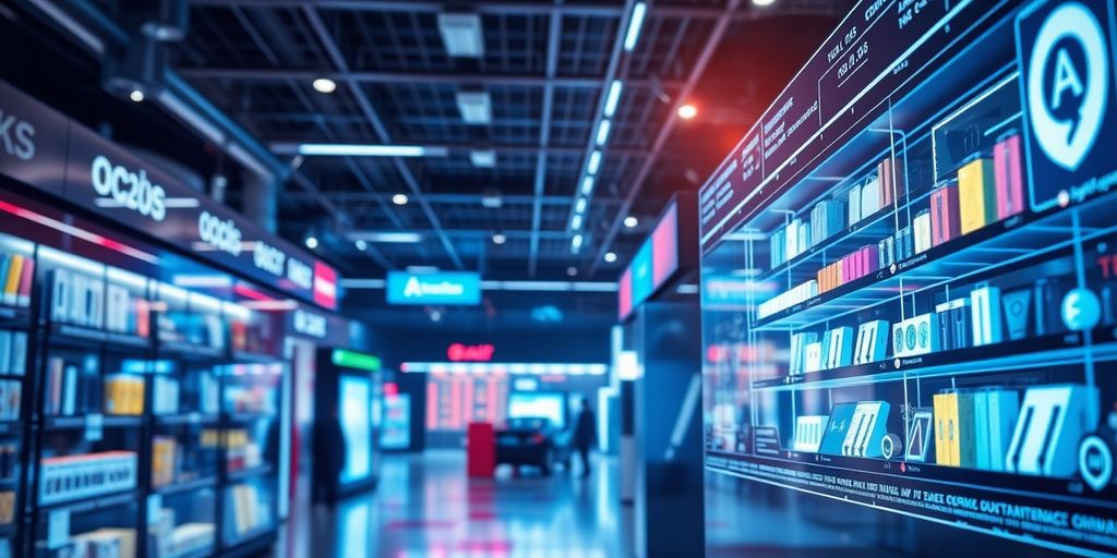 Futuristički digitalni market sa AI interfejsom.