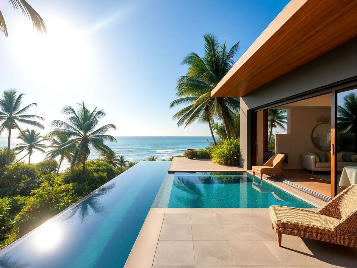 Modern luxury villa terrace with pool and tropical garden view