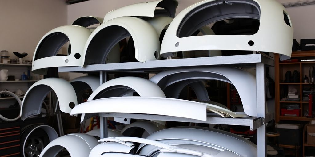 Volkswagen car body parts neatly arranged workshop