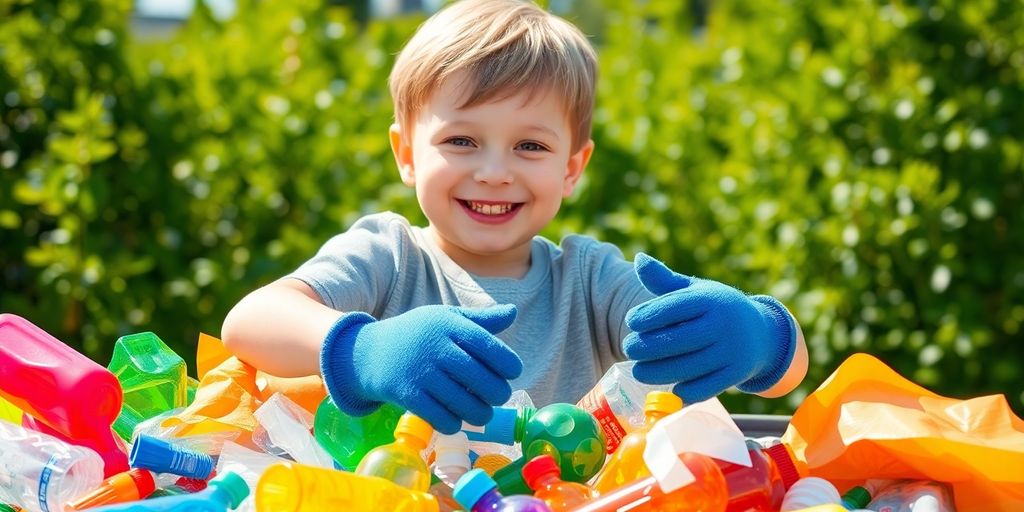 Child sorting recyclable items outdoors in sunny setting.